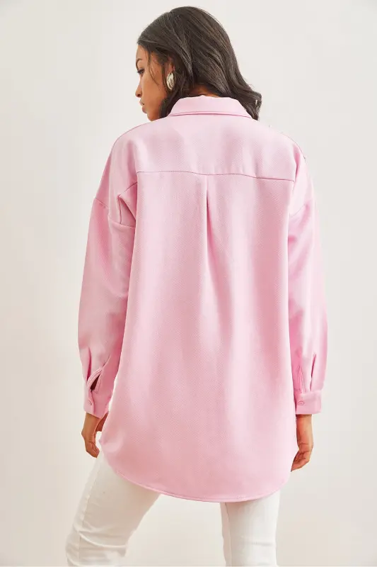 Kadın Şeker Pembe Nakışlı İncili Yün Efektli Oversize Kışlık Gömlek GML-19001159-Şeker Pembe - 2
