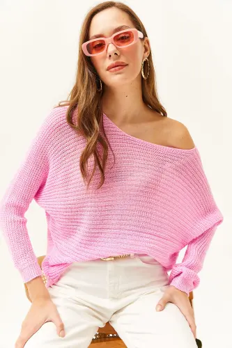 Kadın Şeker Pembe Selanik Salaş Triko Kazak KZK-19000051-Şeker Pembe - 1