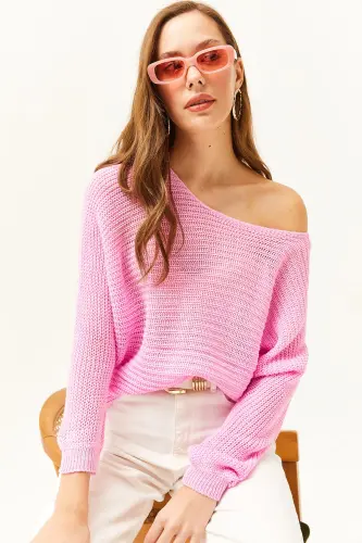 Kadın Şeker Pembe Selanik Salaş Triko Kazak KZK-19000051-Şeker Pembe - 3