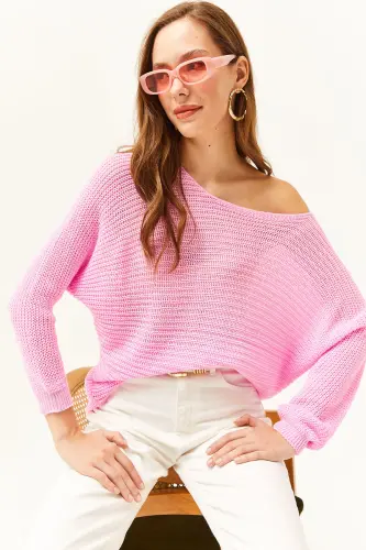Kadın Şeker Pembe Selanik Salaş Triko Kazak KZK-19000051-Şeker Pembe - 4