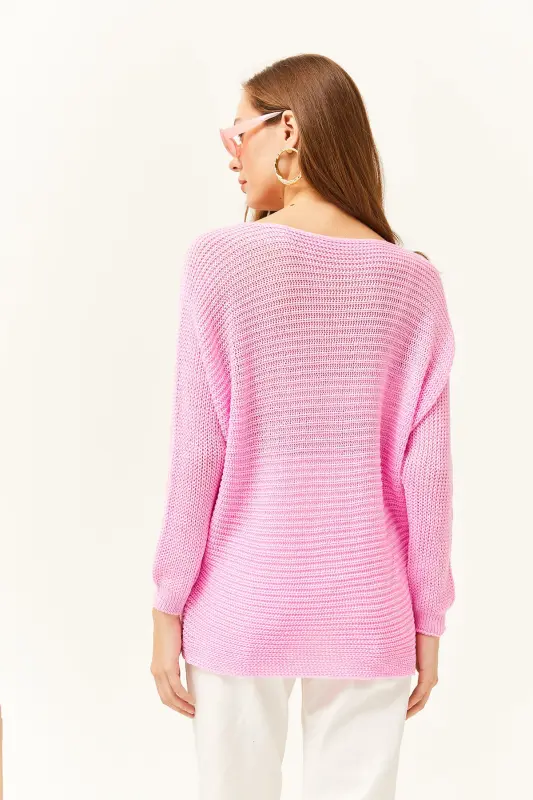 Kadın Şeker Pembe Selanik Salaş Triko Kazak KZK-19000051-Şeker Pembe - 5