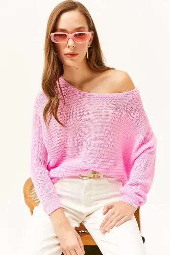 Kadın Şeker Pembe Selanik Salaş Triko Kazak KZK-19000051-Şeker Pembe - OLALOOK (1)