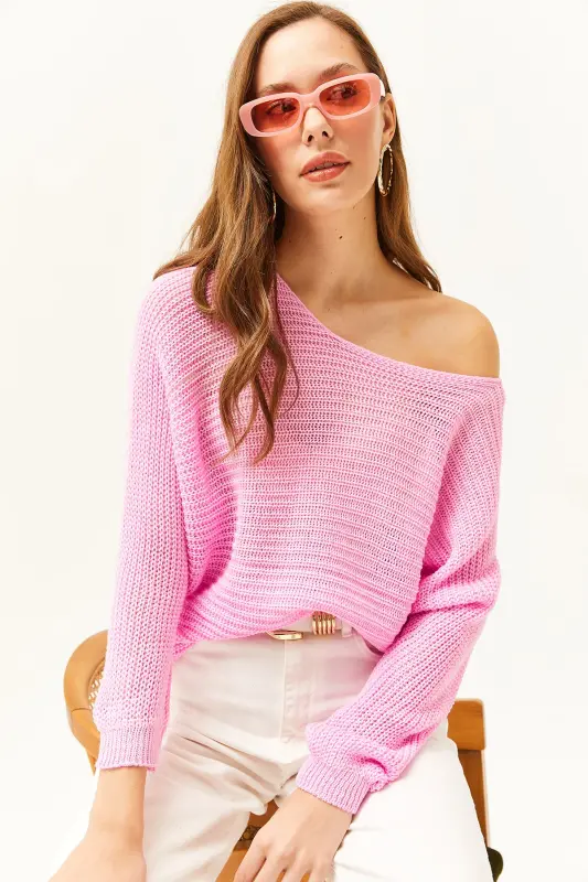 Kadın Şeker Pembe Selanik Salaş Triko Kazak KZK-19000051-Şeker Pembe - 3