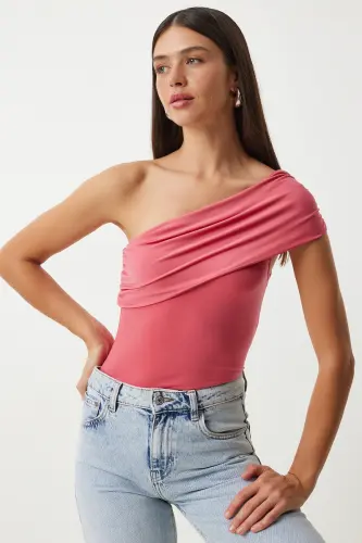Kadın Şeker Pembe Tek Omuz Büzgülü Örme Bluz DZ00112 - Şeker Pembe - 2