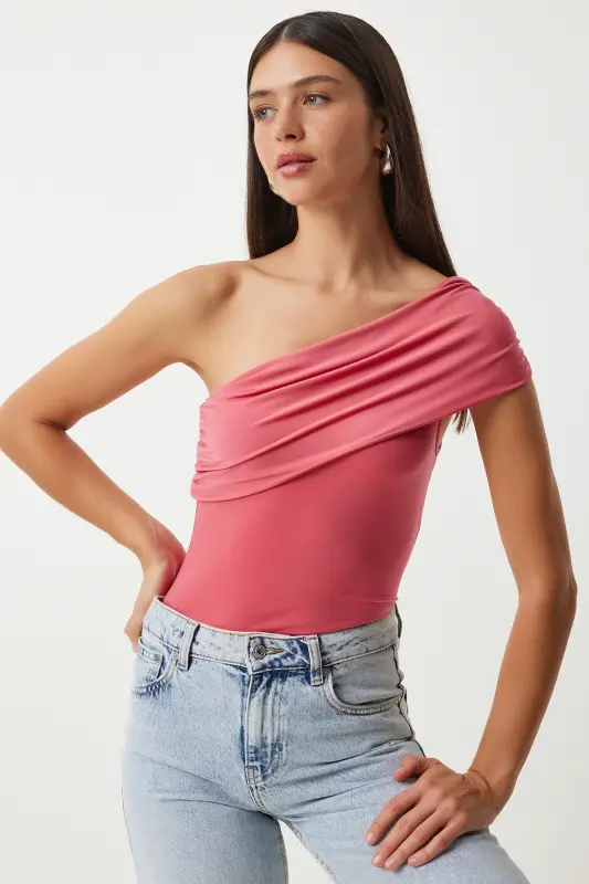Kadın Şeker Pembe Tek Omuz Büzgülü Örme Bluz DZ00112 - Şeker Pembe - 2