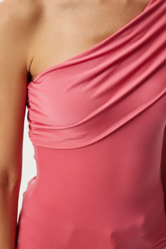 Kadın Şeker Pembe Tek Omuz Büzgülü Örme Bluz DZ00112-Şeker Pembe - 5