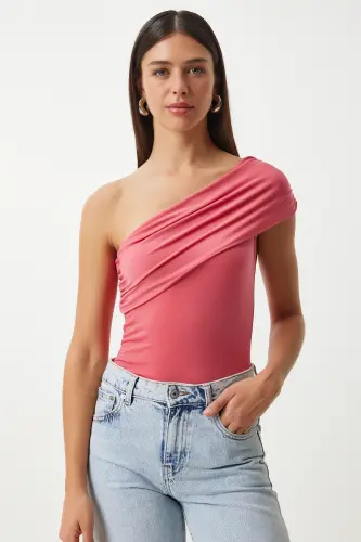 Kadın Şeker Pembe Tek Omuz Büzgülü Örme Bluz DZ00112-Şeker Pembe - 3