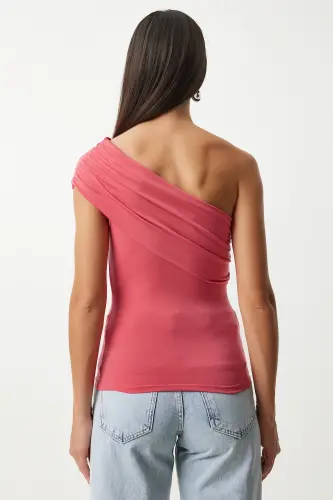 Kadın Şeker Pembe Tek Omuz Büzgülü Örme Bluz DZ00112-Şeker Pembe - 6