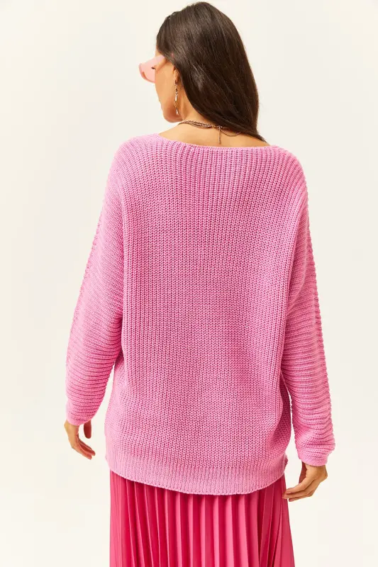Kadın Şeker Pembe V Yaka Selanik Örgü Oversize Triko Tunik TNK-19000081 - Şeker Pembe - 4