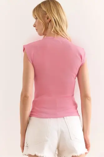 Kadın Şeker Pembe Yarasa Yumuşak Dokulu Esnek Bluz BLZ-19002877-Şeker Pembe - 2