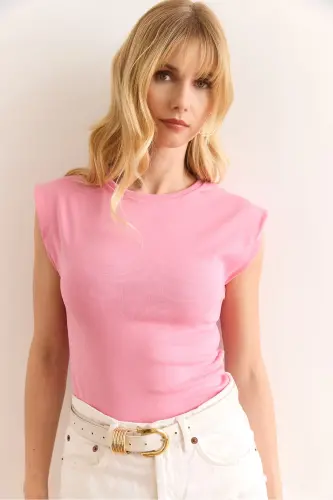 Kadın Şeker Pembe Yarasa Yumuşak Dokulu Esnek Bluz BLZ-19002877-Şeker Pembe 