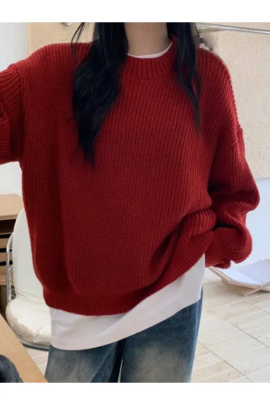 Kadın Selanik Örgü Kırmızı Oversize Kazak, Kadın Kazak-Kırmızı - DIER MODA