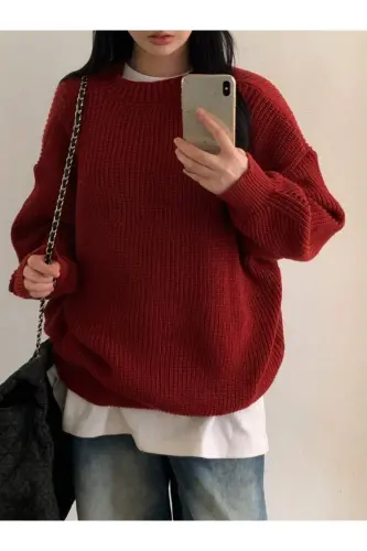 Kadın Selanik Örgü Kırmızı Oversize Kazak, Kadın Kazak-Kırmızı - DIER MODA (1)