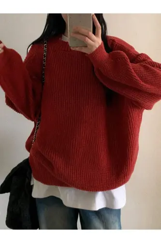 Kadın Selanik Örgü Kırmızı Oversize Kazak, Kadın Kazak-Kırmızı - 5