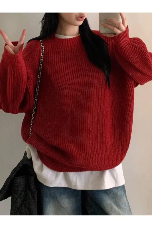 Kadın Selanik Örgü Kırmızı Oversize Kazak, Kadın Kazak-Kırmızı - 6