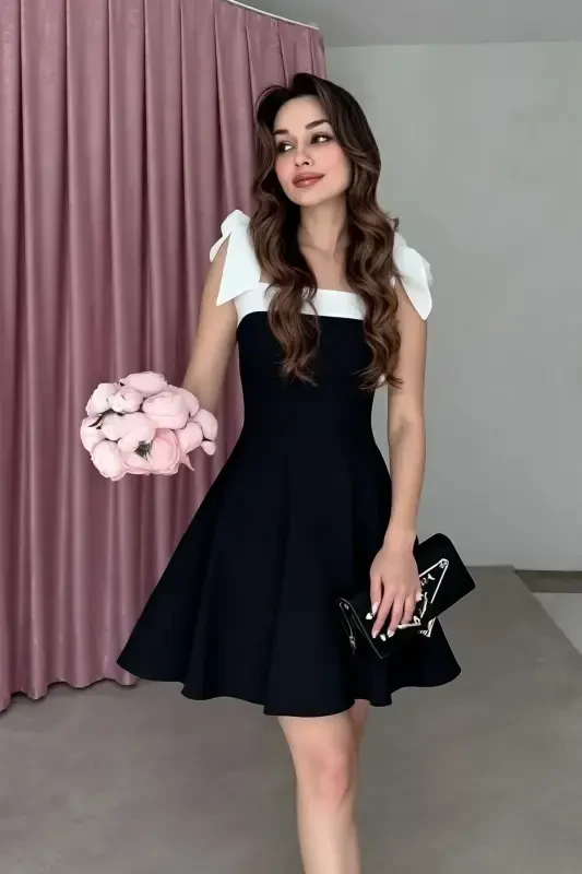 Kadın Şerit Detay Straplez Yaka Bağlamalı Askı Tasarım Siyah Beyaz Kloş Mini Abiye Elbise-siyah - 2