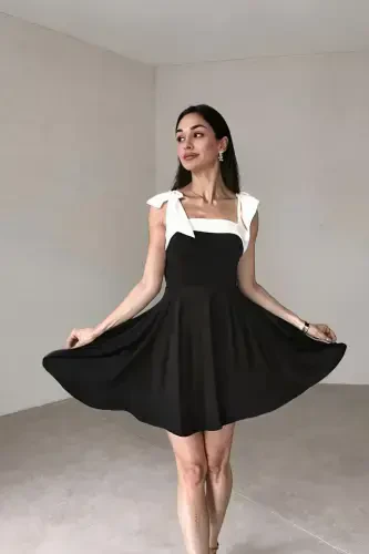 Kadın Şerit Detay Straplez Yaka Bağlamalı Askı Tasarım Siyah Beyaz Kloş Mini Abiye Elbise-siyah - 4