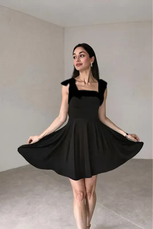 Kadın Şerit Detay Straplez Yaka Bağlamalı Askı Tasarım Siyah Siyah Kloş Mini Abiye Elbise - Siyah SİYAH 2 - ALFUDO MODA COLLECTION