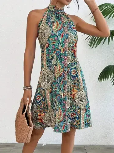 Kadın Sıfır Kol Boyundan Askılı Desenli Midi Süprem Elbise - 5