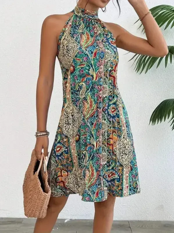 Kadın Sıfır Kol Boyundan Askılı Desenli Midi Süprem Elbise - 5