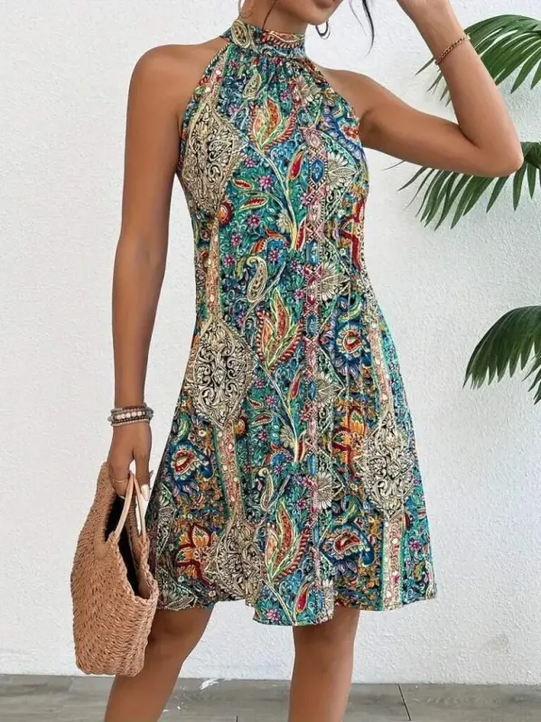 Kadın Sıfır Kol Boyundan Askılı Desenli Midi Süprem Elbise - 5