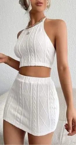 Kadın Sıfır Kol Crop Mini Etek Ikili Triko Takım - 5