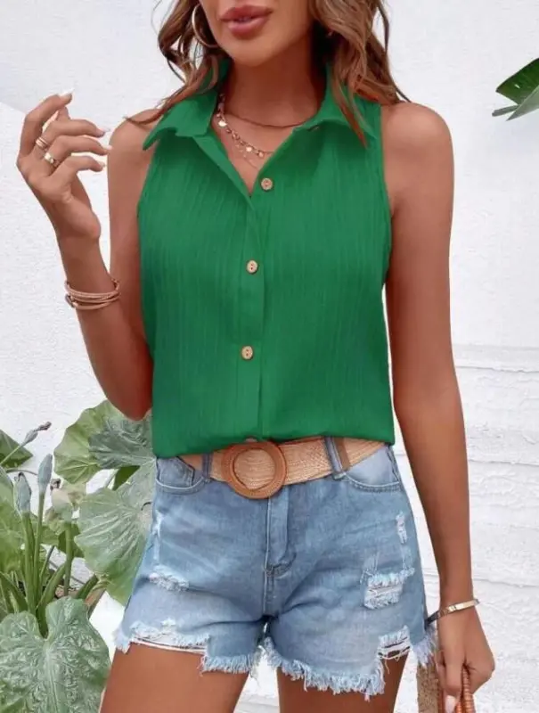 Kadın Sıfır Kol Pamela Kumaş Gömlek - 3