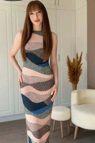 Kadın Sıfır Kol Sıfır Yaka Drape Detaylı Midi Janjan Dalgıç Elbise - 6