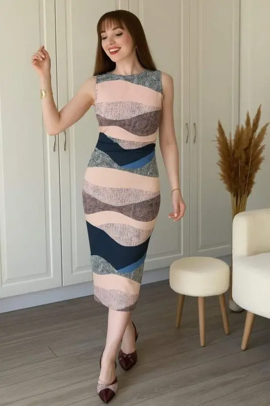 Kadın Sıfır Kol Sıfır Yaka Drape Detaylı Midi Janjan Dalgıç Elbise - 2