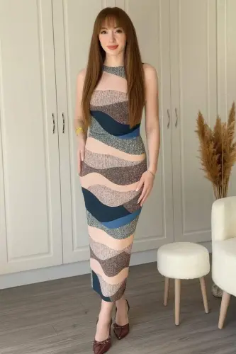 Kadın Sıfır Kol Sıfır Yaka Drape Detaylı Midi Janjan Dalgıç Elbise - 4