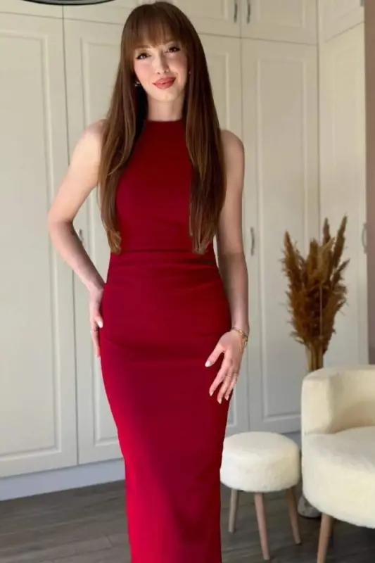 Kadın Sıfır Kol Sıfır Yaka Drape Detaylı Midi Janjan Krep Elbise - 3