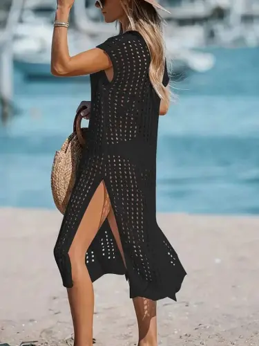 Kadın Sıfır Kol V Yaka Yanı Derin Yırtmaçlı Midi Boy Triko Elbise - 3