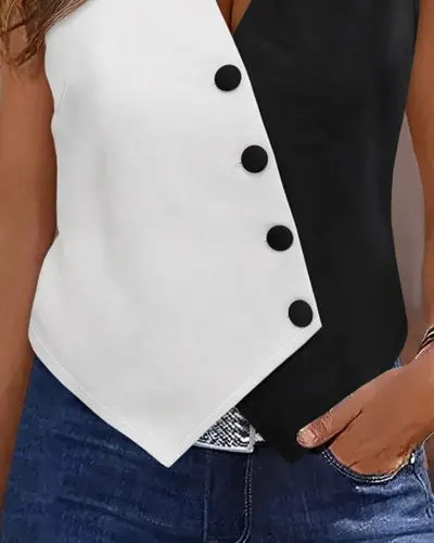 Kadın Sıfır Kol V Yakalı Düğmeli Blok Renkli Atlas Yelek - 3