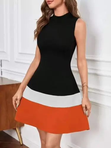 Kadın Sıfır Kol Yarı Balıkçı Yaka şerit Detaylı Ithal Krep Elbise - 4