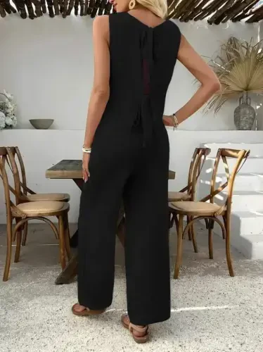 Kadın Sıfır Kollu Bisiklet Yaka Arkadan Bağlamalı Aer8bin Bluz Ve Pantolon Ikili Takım - 3