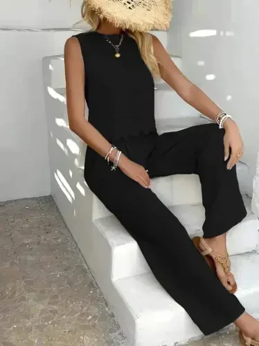 Kadın Sıfır Kollu Bisiklet Yaka Arkadan Bağlamalı Aer8bin Bluz Ve Pantolon Ikili Takım - 4