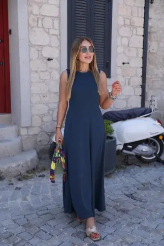 Kadın Sıfır Kollu Bisiklet Yaka Viskon Elbise - 3