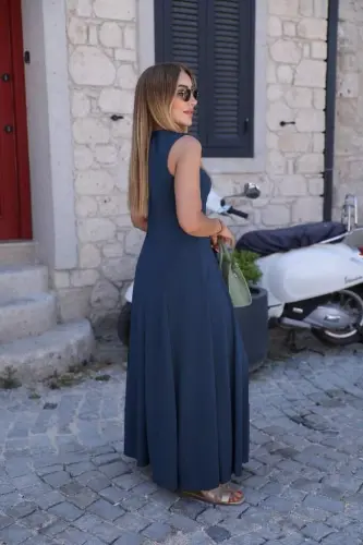 Kadın Sıfır Kollu Bisiklet Yaka Viskon Elbise - 4