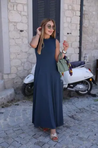 Kadın Sıfır Kollu Bisiklet Yaka Viskon Elbise - BÜYÜKBEDENIZ (1)