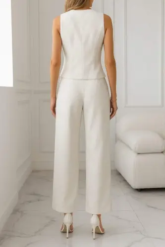 Kadın Sıfır Kollu çapraz V Yakalı önden Düğmeli Atlas Yelek Ve Pantolon Ikili Takım - 2