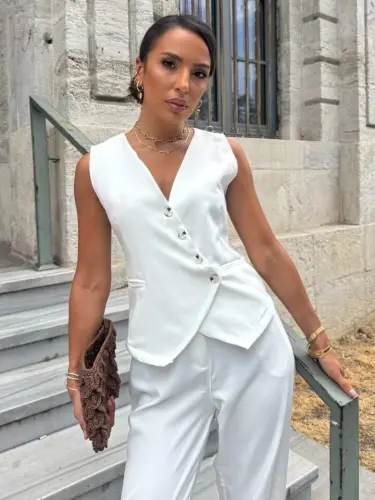 Kadın Sıfır Kollu çapraz V Yakalı önden Düğmeli Atlas Yelek Ve Pantolon Ikili Takım - BÜYÜKBEDENIZ (1)