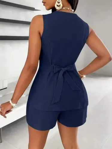 Kadın Sıfır Kollu önden Düğmeli Ithal Krep Ceket Ve Short Ikili Takım - 3