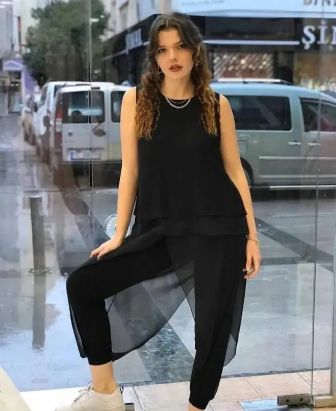 Kadın Şifon Detaylı Lastikli Şalvar Pantolon - BÜYÜKBEDENIZ