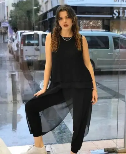 Kadın Şifon Detaylı Lastikli Şalvar Pantolon - 1