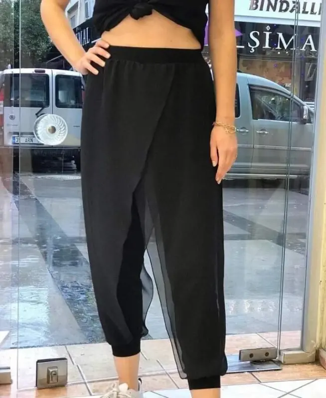 Kadın Şifon Detaylı Lastikli Şalvar Pantolon - 2