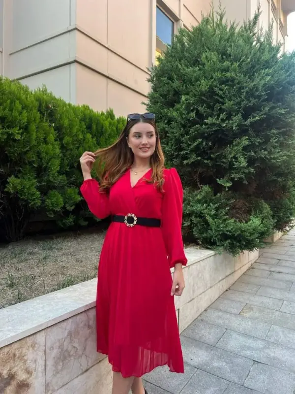 Kadın şifon Kumaş Astalı Kloş Kesim Kruvaze Yaka Midi Boy Elbise - 3