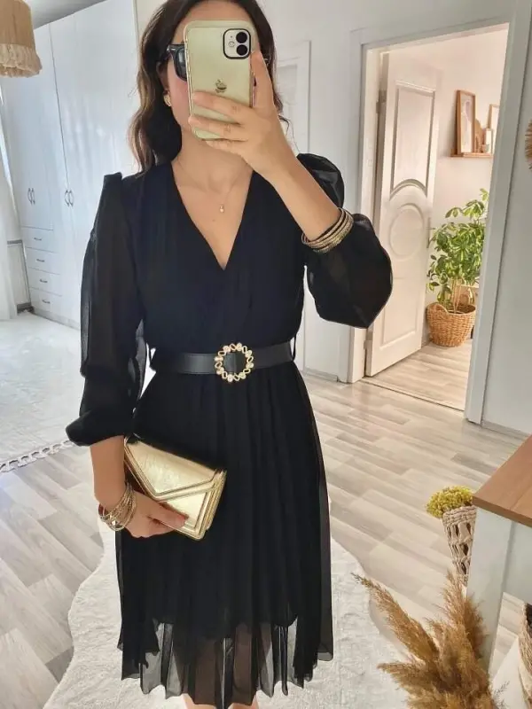 Kadın şifon Kumaş Astalı Kloş Kesim Kruvaze Yaka Midi Boy Elbise - 1