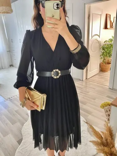 Kadın şifon Kumaş Astalı Kloş Kesim Kruvaze Yaka Midi Boy Elbise - 2