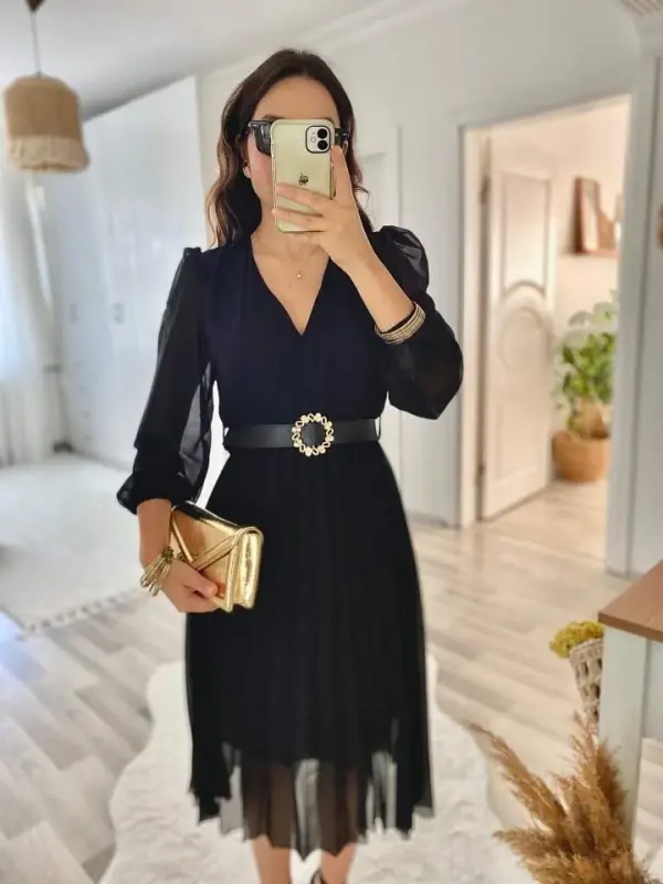 Kadın şifon Kumaş Astalı Kloş Kesim Kruvaze Yaka Midi Boy Elbise - 5