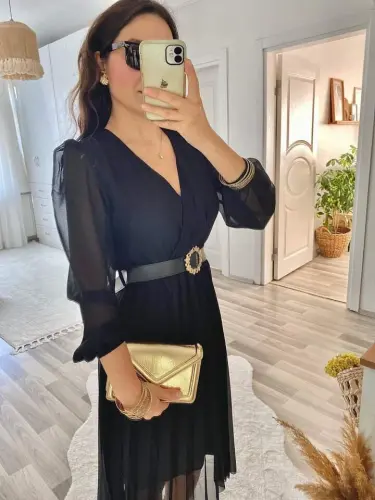 Kadın şifon Kumaş Astalı Kloş Kesim Kruvaze Yaka Midi Boy Elbise - 3